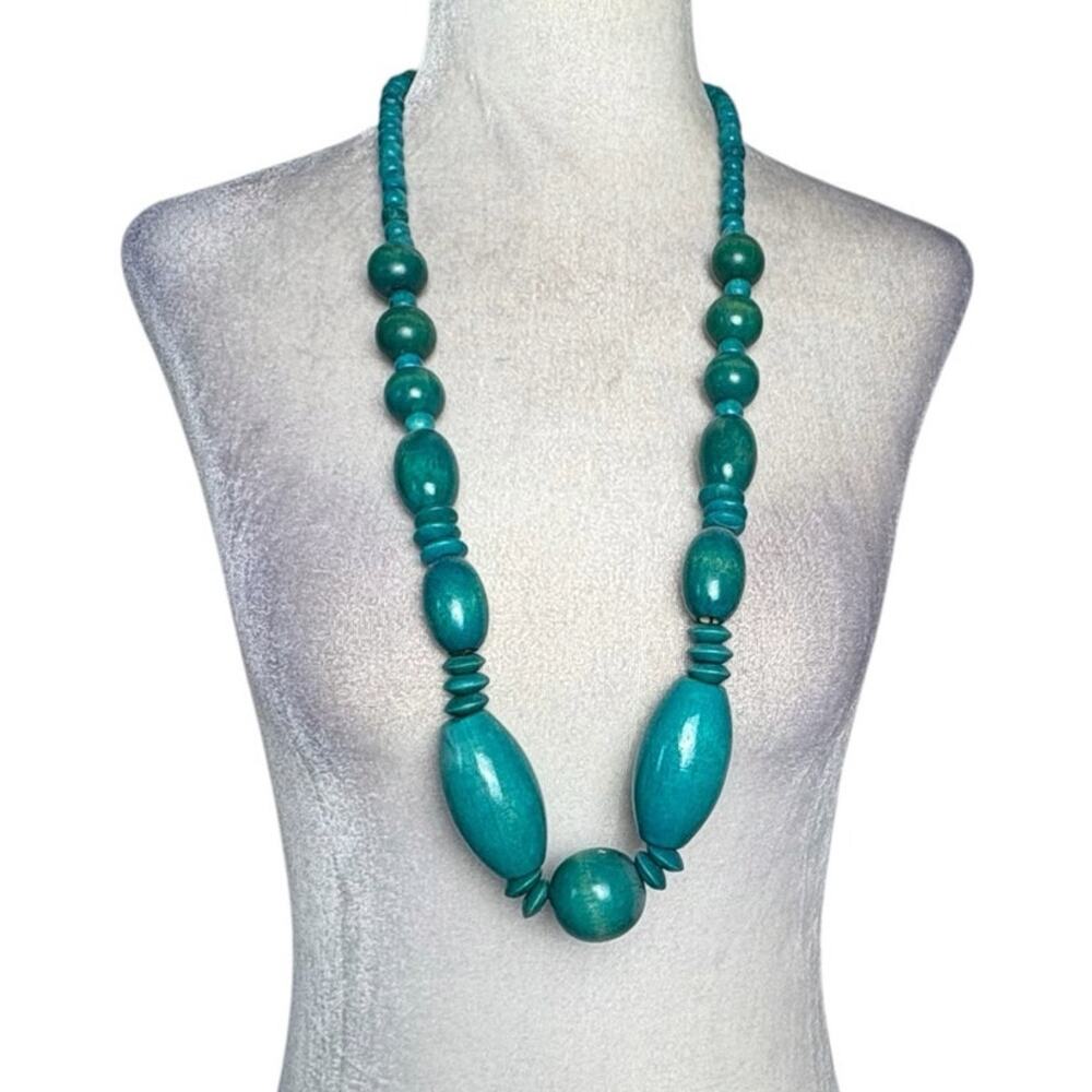 Vintage Teal Blue Painted Wooden Beaded Chunky Long Necklace